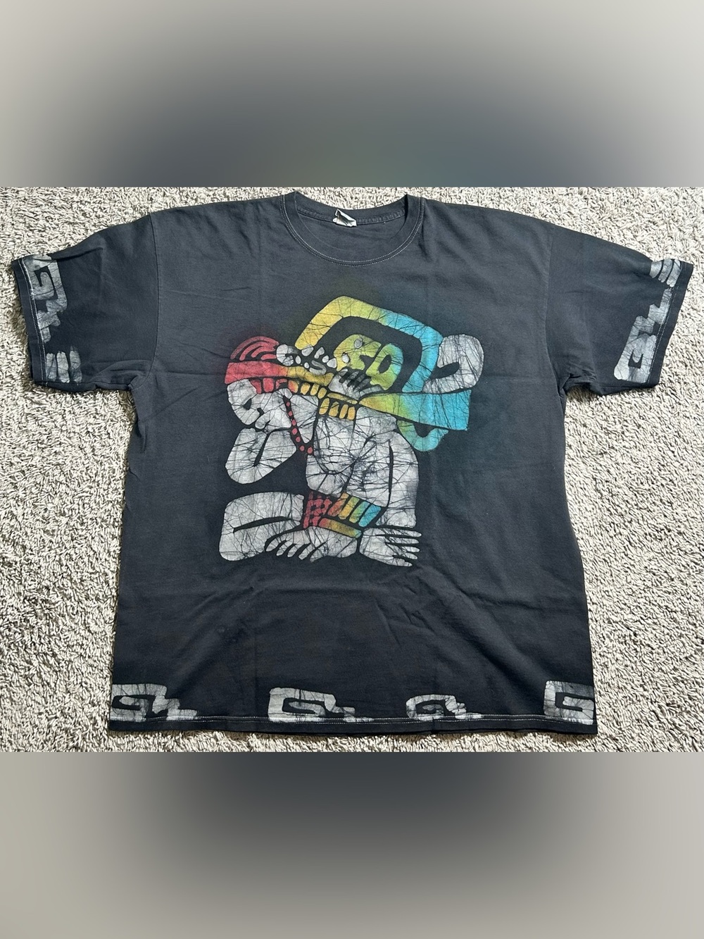 Black Short Sleeve Graphic Tee with Multicolor Aztec Motif